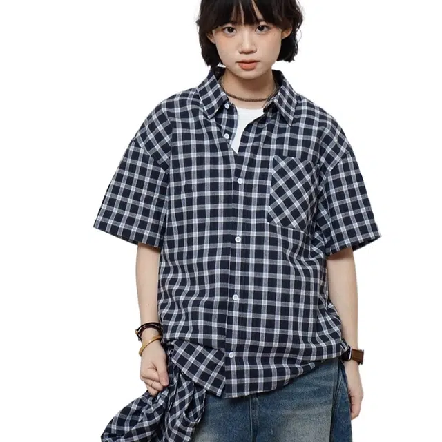一碗士多 复古可拆卸连帽格纹夏季短袖衬衫 男女同款