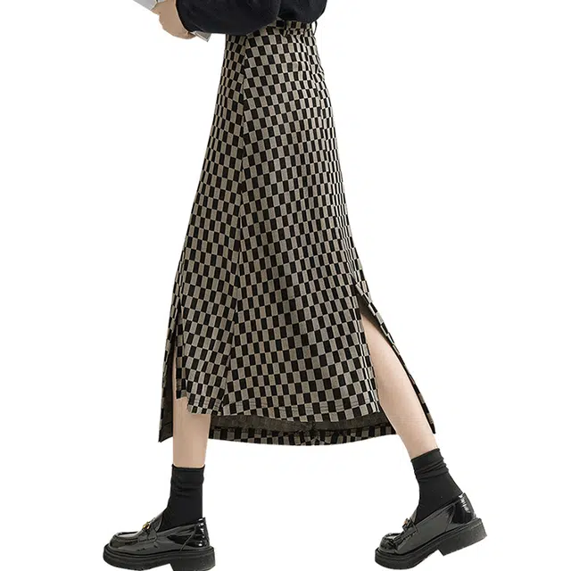丝柏舍 棋盘格撞色半身裙不规则开叉显瘦高腰休闲长裙 女款 黑咖格纹