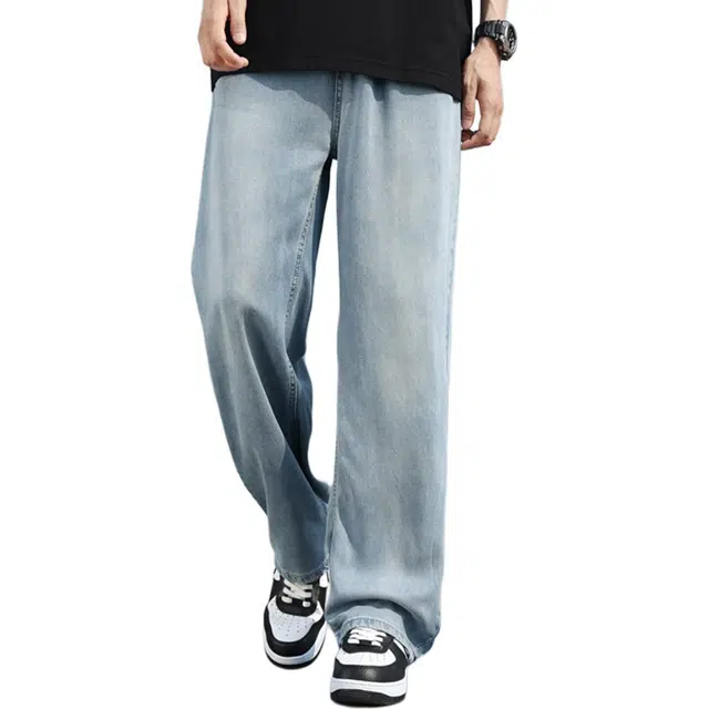 顶峰保罗 无性别主义美式潮流潮牌莱赛尔薄款透气宽松直筒阔腿长裤休闲时尚百搭垂感设计感牛仔裤 男女同款