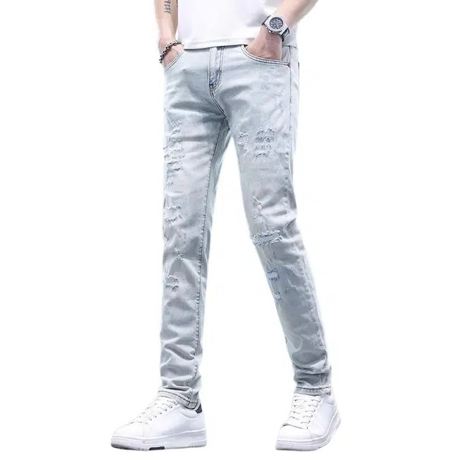 吉肯蒂 高端时尚破洞裤子韩版薄款修身小脚潮牌夏季牛仔裤 男款