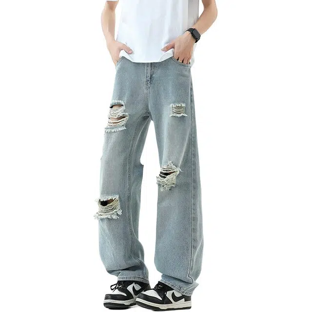 宝米卡 破洞直筒设计感宽松高腰牛仔裤 男女同款