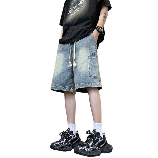 加荣 工装美式高街大码水洗做旧痞帅宽松休闲五分裤多口袋设计感潮流青少年帅气复古直筒阔腿裤牛仔短裤 男女同款