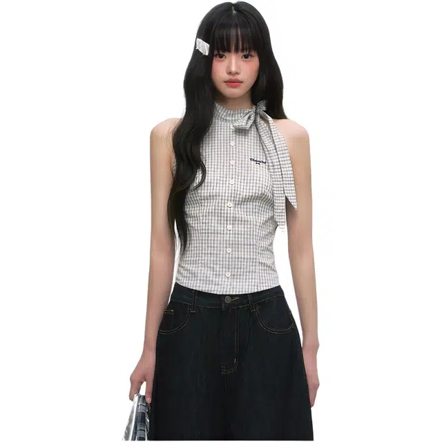 小卷要加油 格子挂脖上衣女无袖高级感露肩绝美法式背心女夏外穿吊带 女款