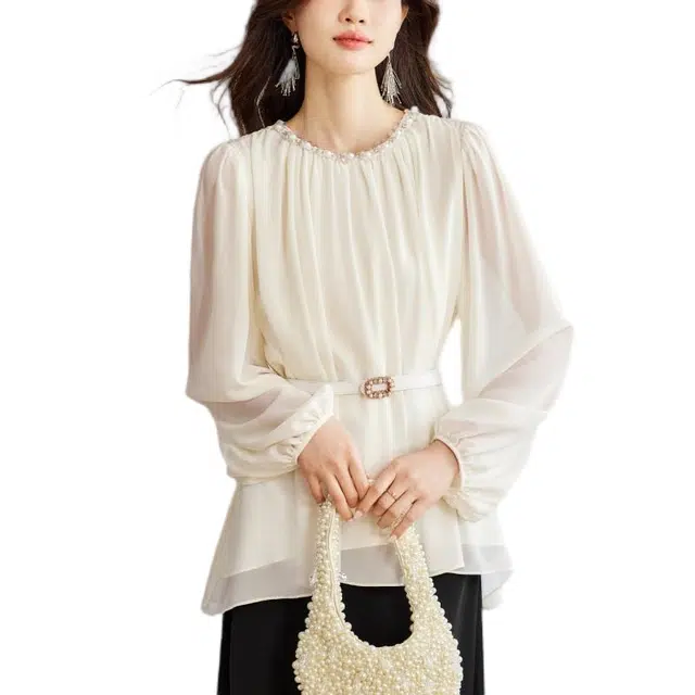 曲韩 灯笼袖钉珠腰带雪纺衫女衬衫 女款