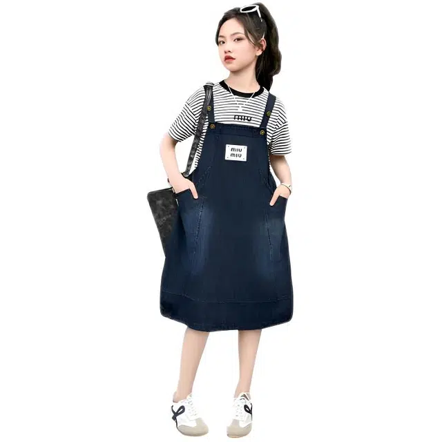 木木兔裙装套装  时髦洋气条纹牛仔连衣裙宽松美式圆领时尚女孩背带裙两件套