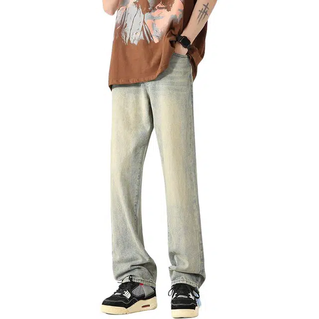 隐狼世家 美式水洗做旧黄泥染潮牌高街宽松微喇直筒春夏季长裤牛仔裤 男款