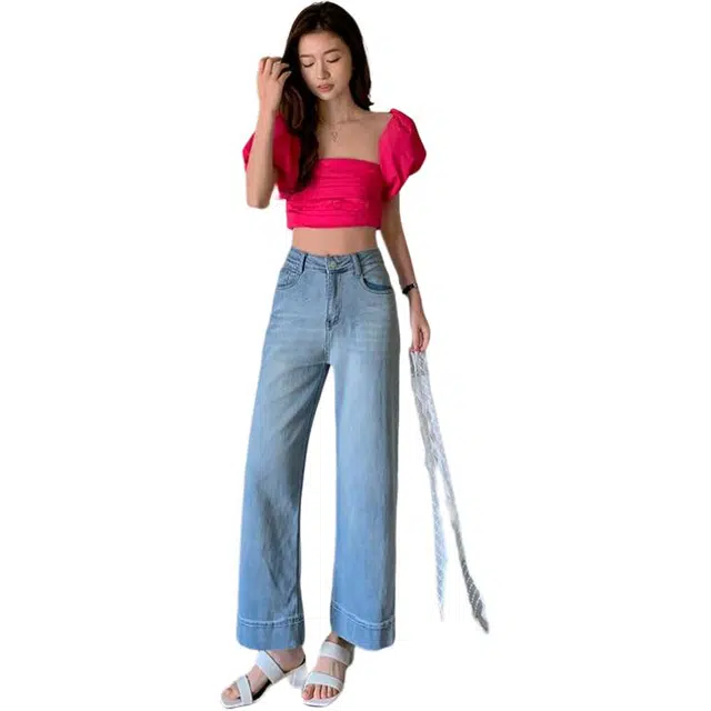 么宁 小个子复古浅色高腰宽松直筒阔腿裤子九分裤牛仔裤 女款