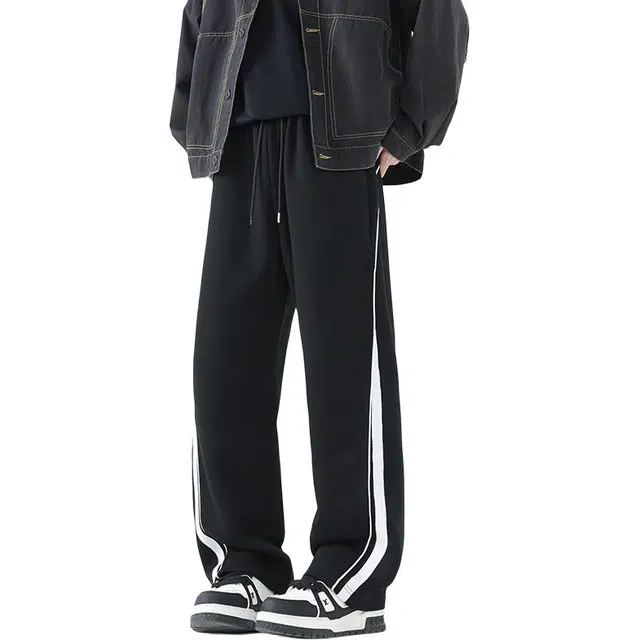 物质公式 美式复古高街简约纯色学院风侧边拼接条纹设计百搭基础款直筒显高伐木抽绳系带垂感卫裤针织休闲裤 男女同款