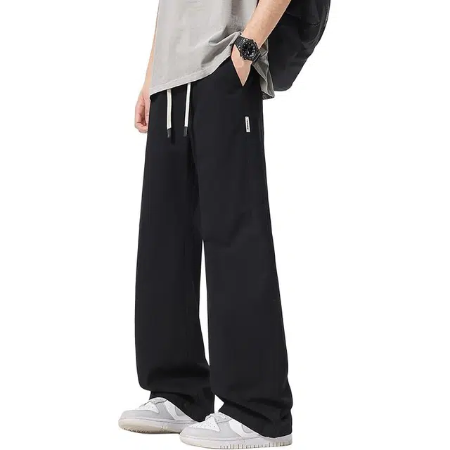 协协乐 高街风弯刀微喇纯色美式潮牌宽松阔腿直筒通勤百搭潮流纯棉青少年长裤休闲裤 男款