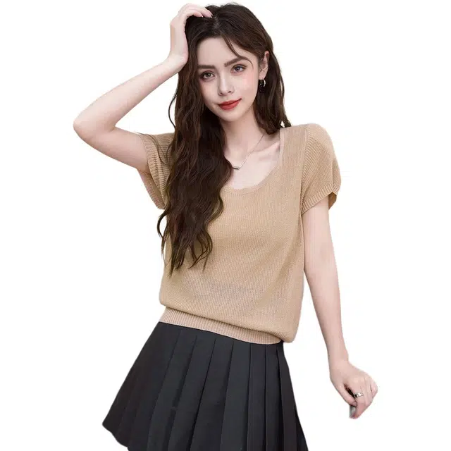 法文箱子 简约时尚舒适纯色常规短袖方领针织衫 女款