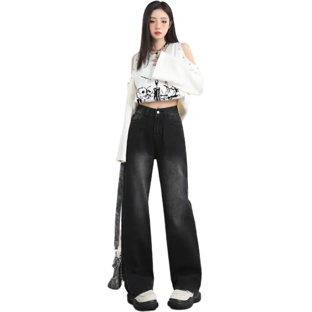 玫丝朵 褶皱设计拖地裤后口袋直筒宽松牛仔裤 女款 黑灰色