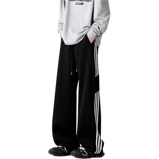 沐诚阳译 条纹薄款宽松直筒潮牌美式重磅阔腿运动裤休闲裤 男款