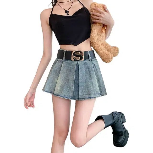 哒头下雨不愁 韩版多巴胺辣妹高腰防走光超短百褶裙牛仔短裙 女款