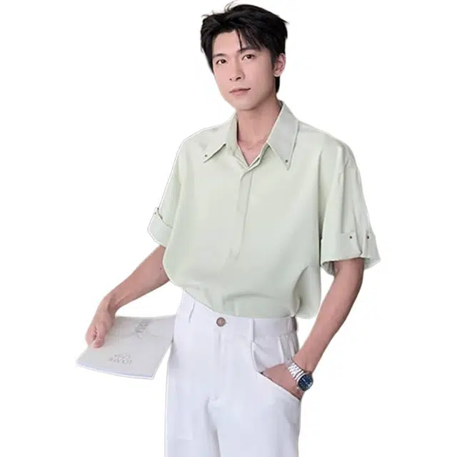 徐百货 薄款冰丝韩系穿搭高级感痞帅百搭短袖衬衫 男女同款