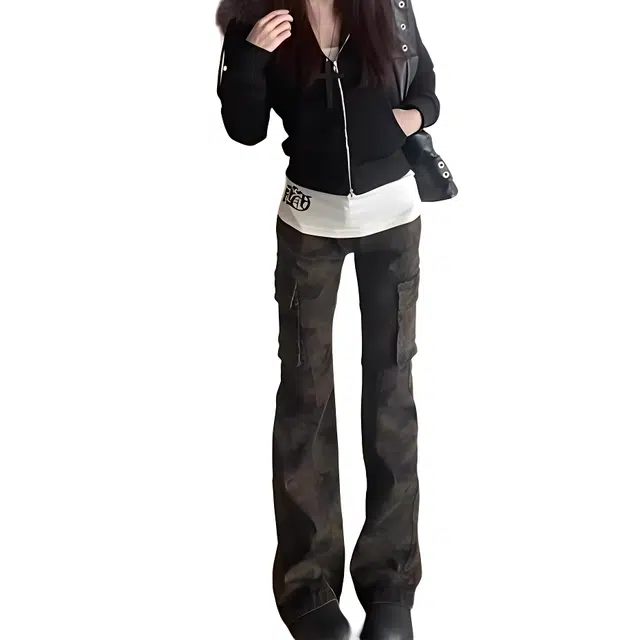 徐百货 美式复古高街迷彩多口袋褶皱微喇设计宽松阔腿夏季长裤工装裤 男女同款