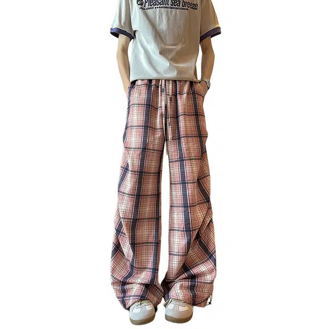 佐菲利 美式复古撞色格纹薄款透气阔腿裤宽松慵懒风直筒裤休闲裤 男女同款