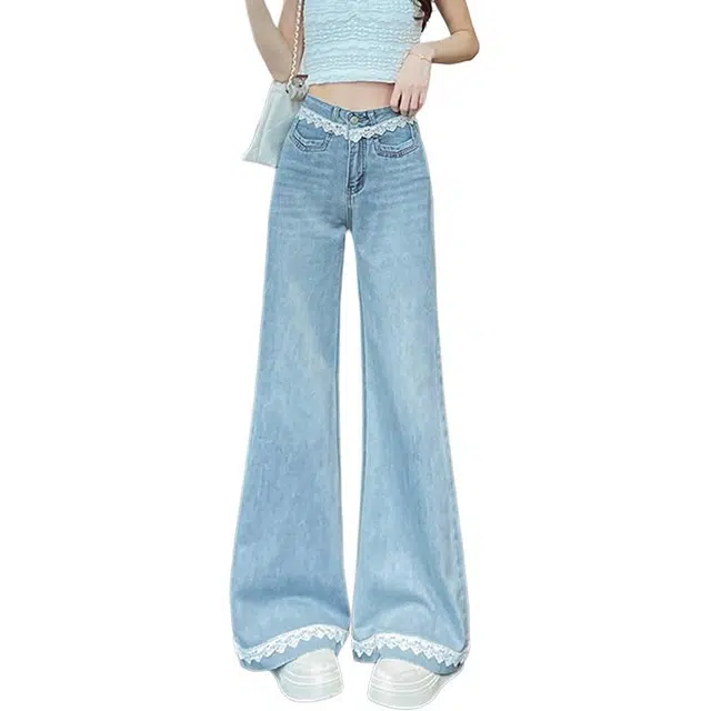 如续 芭蕾风微喇叭设计感小众蕾丝花边拼接牛仔裤 女款