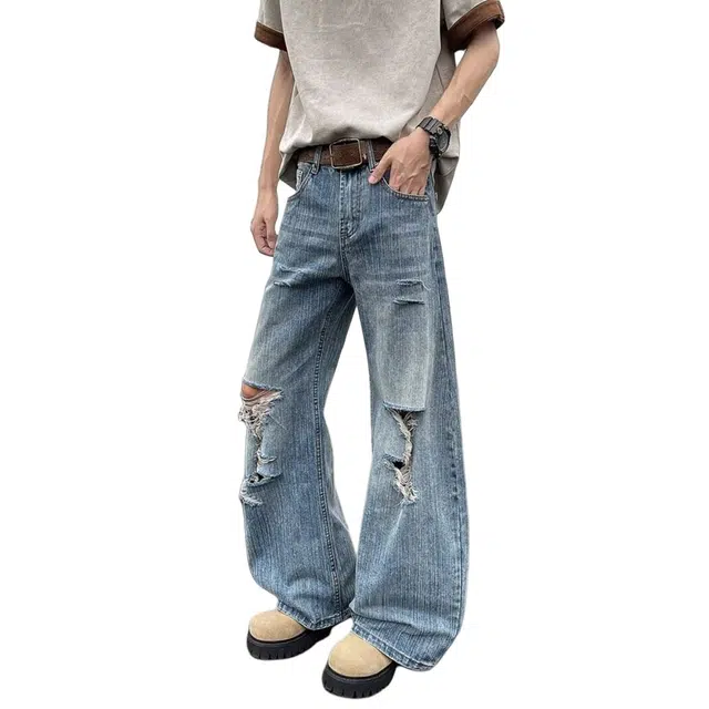 加荣 水洗破洞做旧夏季薄款透气潮流百搭休闲裤美式高街宽松直筒阔腿弯刀裤小众设计感青少年户外出行拖地裤牛仔裤 男女同款