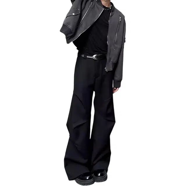 徐百货 美式小众设计感夏季褶皱宽松休闲阔腿潮流百搭微喇拖地裤西装裤 男女同款