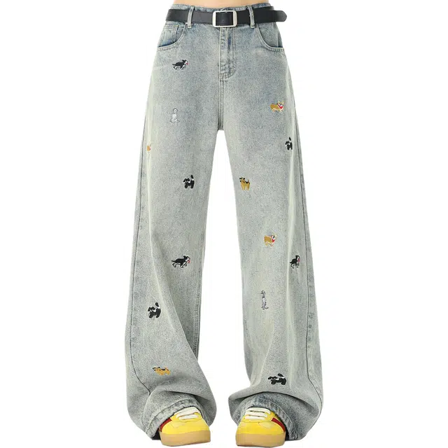 大白鲨 美式腊肠狗刺绣潮牌直筒宽松水洗微喇高街长款牛仔裤 男女同款