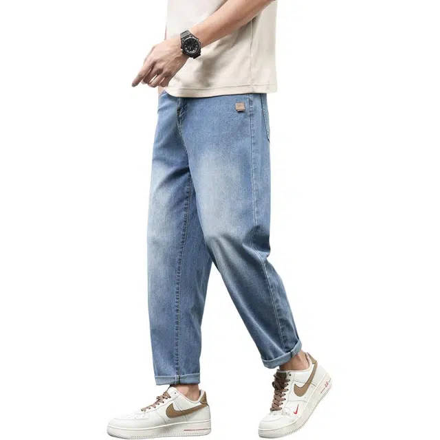 么宁 薄款弹力锥形裤简约百搭舒适透气潮流时尚个性痞帅九分牛仔裤 男女同款