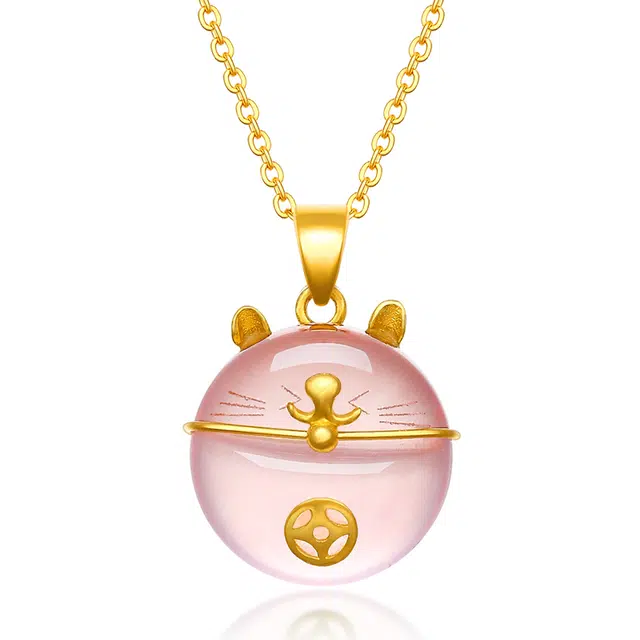 雅生珠宝 芙蓉石招财猫吊坠 粉嫩萌喵#好运 足金 一口价 黄金项链 女款
