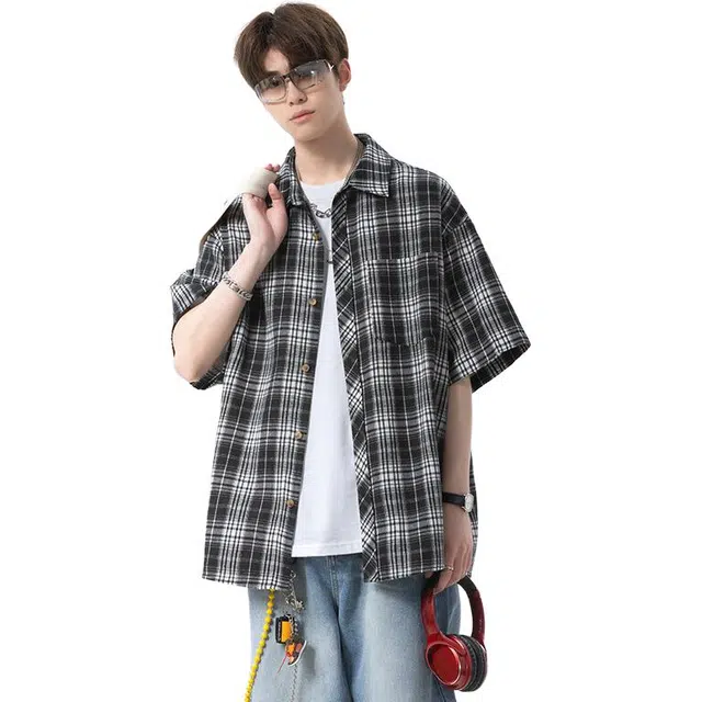 佐菲利 格子夏季美式复古高级感情侣休闲衬衣外套短袖衬衫 男女同款