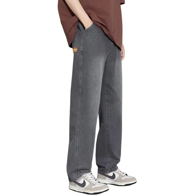 华夏儿女 美式高街风弹力宽松直筒水洗长牛仔裤 男女同款