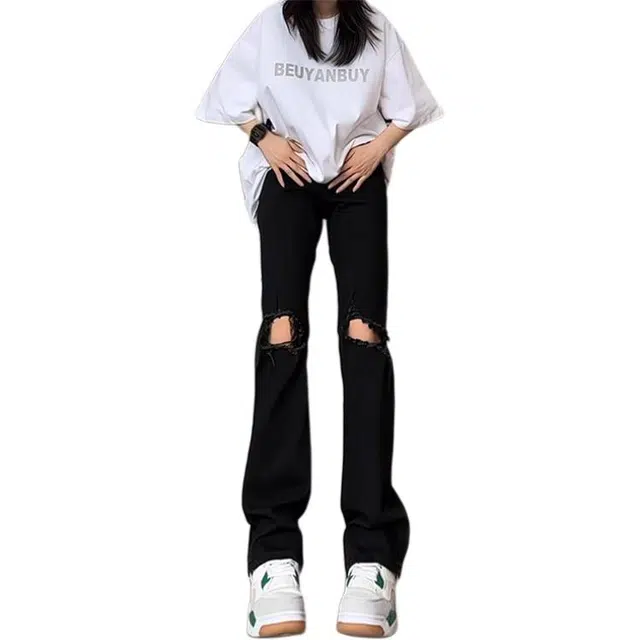 拓菲 美式高街潮牌高弹力修身拉链膝盖破洞牛仔裤长裤子 男女同款