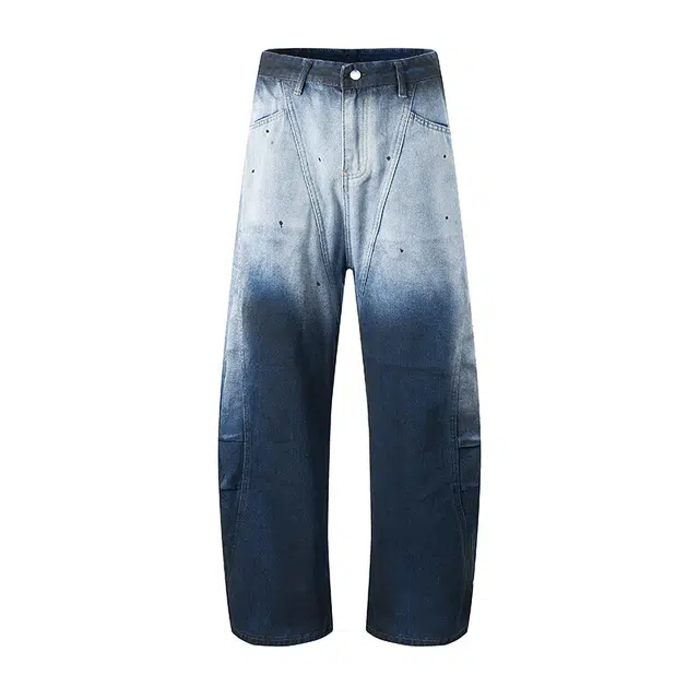 零氏 水洗扎染渐变设计感廓形美式复古休闲宽松显瘦做旧时尚百搭潮牌阔腿长裤子弯刀牛仔裤 男女同款