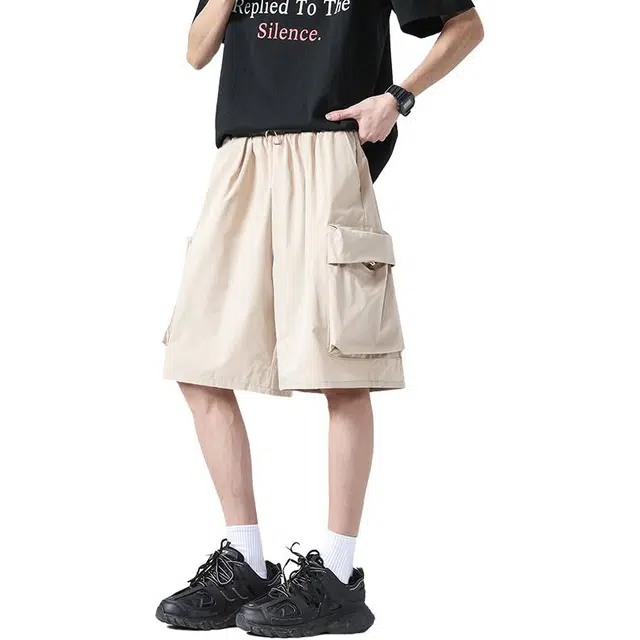 八哥 美式夏季复古街头高街风纯色基础款松紧抽绳五分裤时尚百搭侧面大口袋设计宽松舒适透气休闲短裤 男女同款