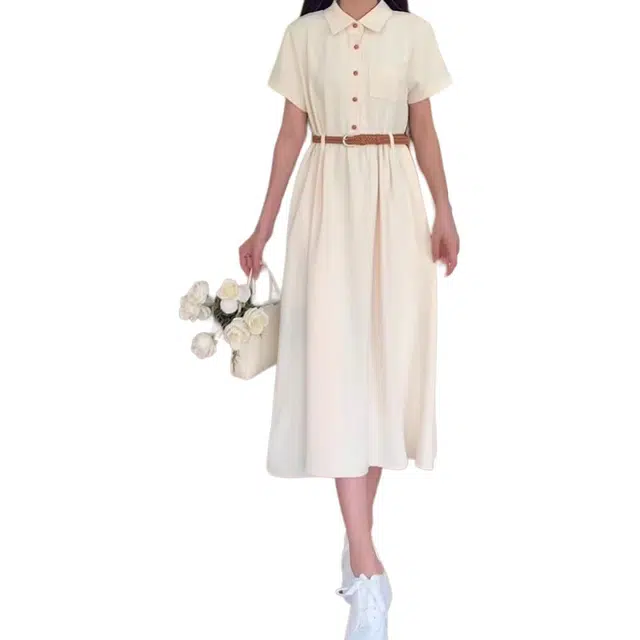 丝絮丝绸 法式收腰衬衫复古文艺简约短袖连衣裙 女款