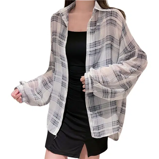 思蓓儿 美式格子女夏季慵懒风衬衣外套防晒上衣潮衬衫 女款