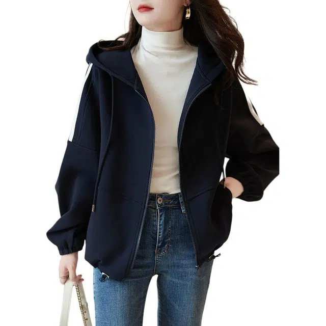 【dme】 连帽开衫上衣宽松长袖休闲可调节下摆卫衣外套 女款 藏青