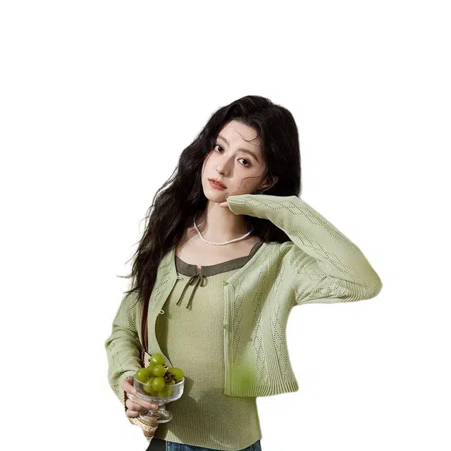 谜秀 学院风小众百搭吊带开衫针织女羊毛混纺撞色蝴蝶结通勤两件套休闲套装 女款 薄荷奶绿