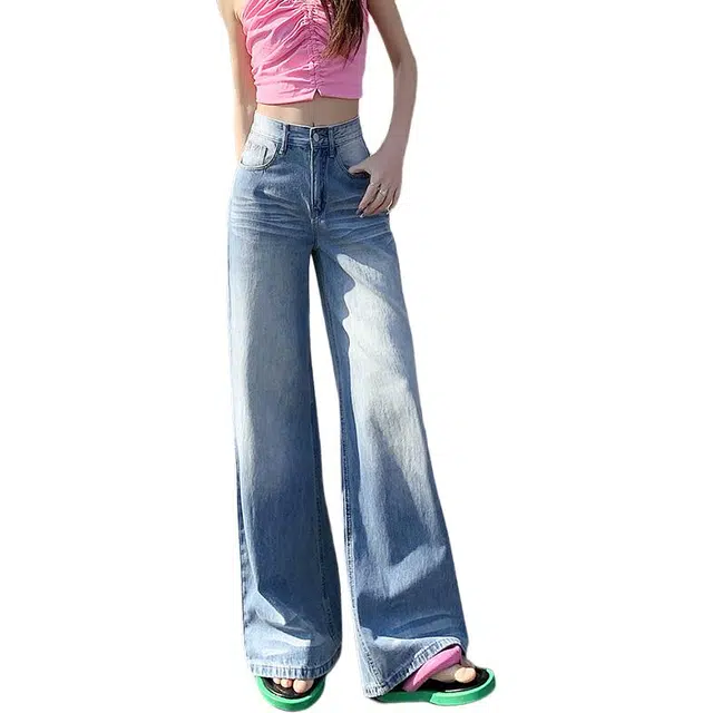 拾籍 设计感水洗做旧高腰显瘦宽松阔腿裤女高街时尚百搭舒适垂感直筒拖地牛仔裤 女款