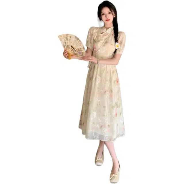 丝絮丝绸 日常旗袍裙改良年轻款新中式清冷感禅意短袖连衣裙 女款