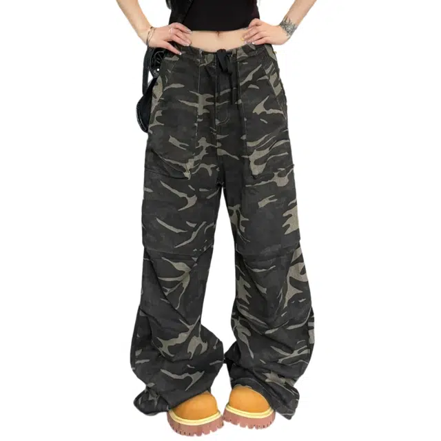 冈哉 美式复古迷彩褶皱拼接设计时尚潮流百搭宽松舒适亲肤透气日常通勤直筒阔腿牛仔裤 男女同款