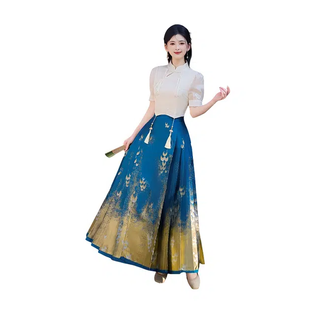 荟萃阁 新中式改良刺绣盘扣短袖上衣一片式重工妆花织金马面裙两件套裙装套装 女款
