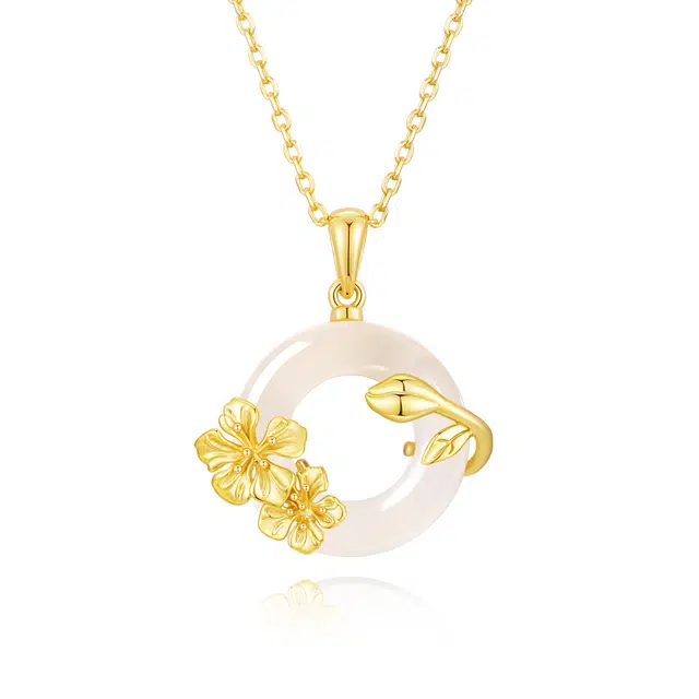 【杏运连连】中国黄金 珍·尚银 杏福平安扣 杏寿延年 妈妈 新中式幸福美满岁岁平安锁骨链 轻奢小众吊坠礼盒装 女友 玉髓 玉石项链 女款