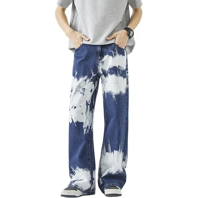宝米卡 欧美街头春秋渐变扎染直筒裤子美式复古修身痞帅长裤牛仔裤 男女同款