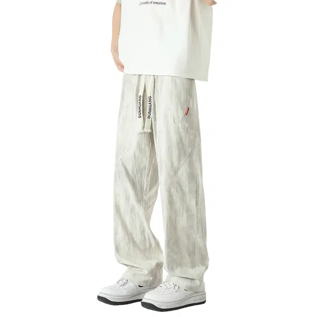 敦煌博物馆 美式简约潮流薄款扎染设计结构拼接宽松百搭大码舒适透气速干垂感日常通勤直筒抽绳休闲裤 男女同款