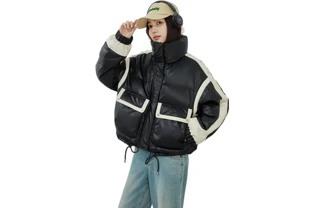 鸭鸭 拼色拉链立领短款休闲长袖羽绒服 女款