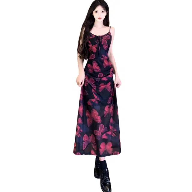 丝絮丝绸 复古蝴蝶印花纯欲设计感时尚百搭吊带连衣裙 女款