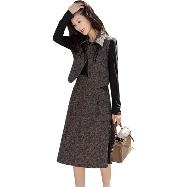 【dme】 时尚休闲简约拼色翻领假两件长袖连衣裙 女款 深灰