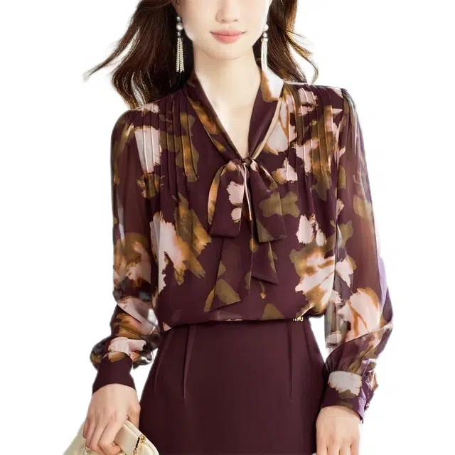 曲韩 印花蝴蝶结女长袖雪纺上衣衬衫 女款 紫红