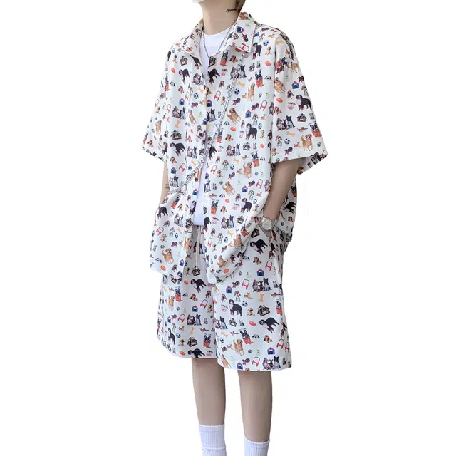 北欧攻略 港风复古花短裤亲肤柔软夏威夷沙滩短袖衬衣情侣装美式高级感衬衫套装 男女同款