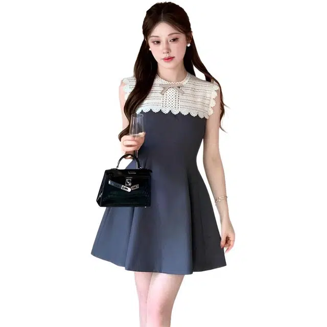 水中花 千金风镂空夏季高级感减龄小个子收腰显瘦生日裙无袖连衣裙 女款