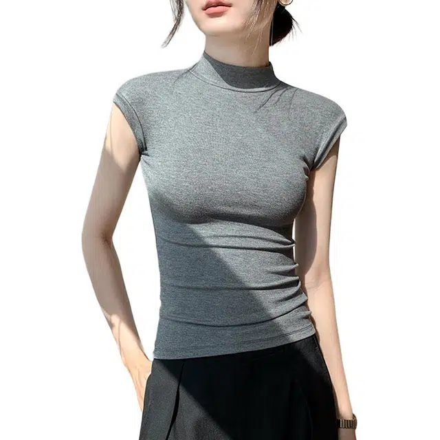 善己 螺纹半高领修身休闲百搭时尚短袖背心 女款