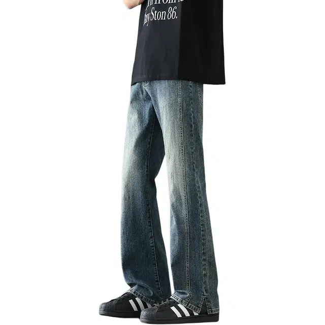 隐狼世家 薄款休闲阔腿长裤复古微喇裤牛仔裤 男款